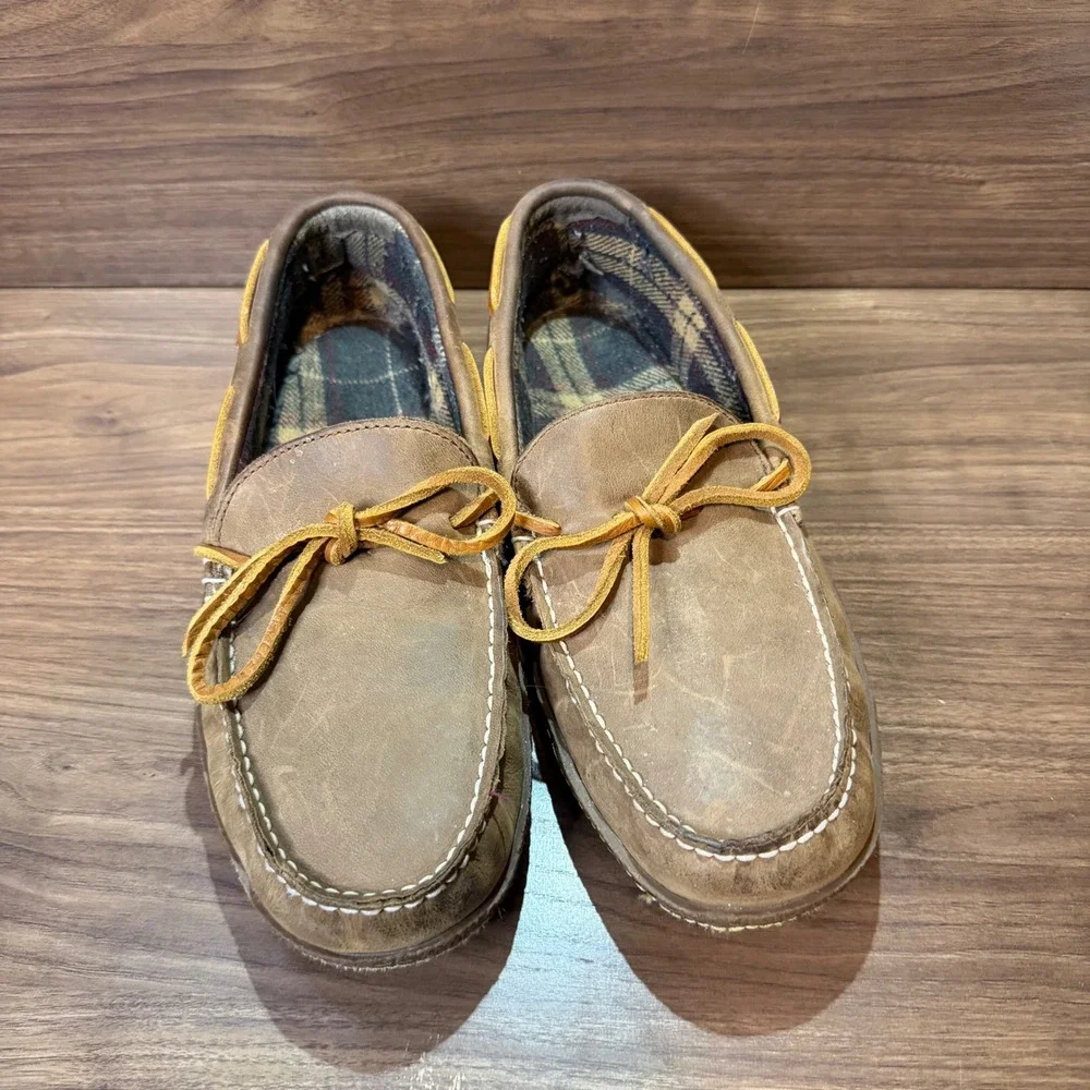 LL Bean Moccasin Slippers Mens 9 Brown Good Flannel Lined Leather 212164
